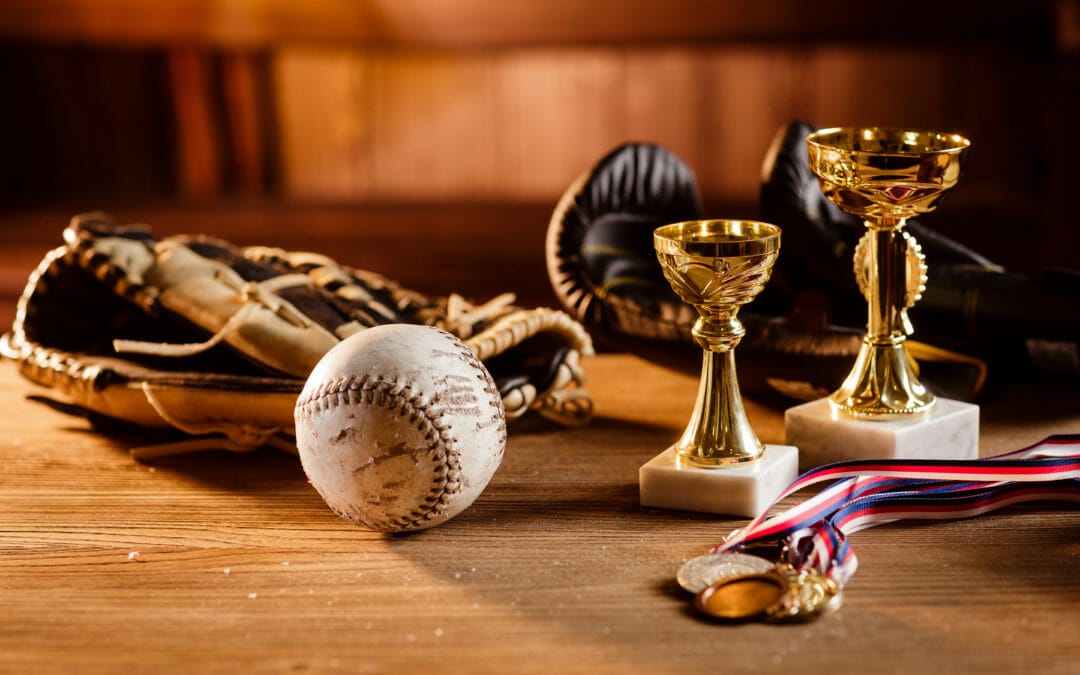 still life of baseball trophies, baseball, baseball gloves