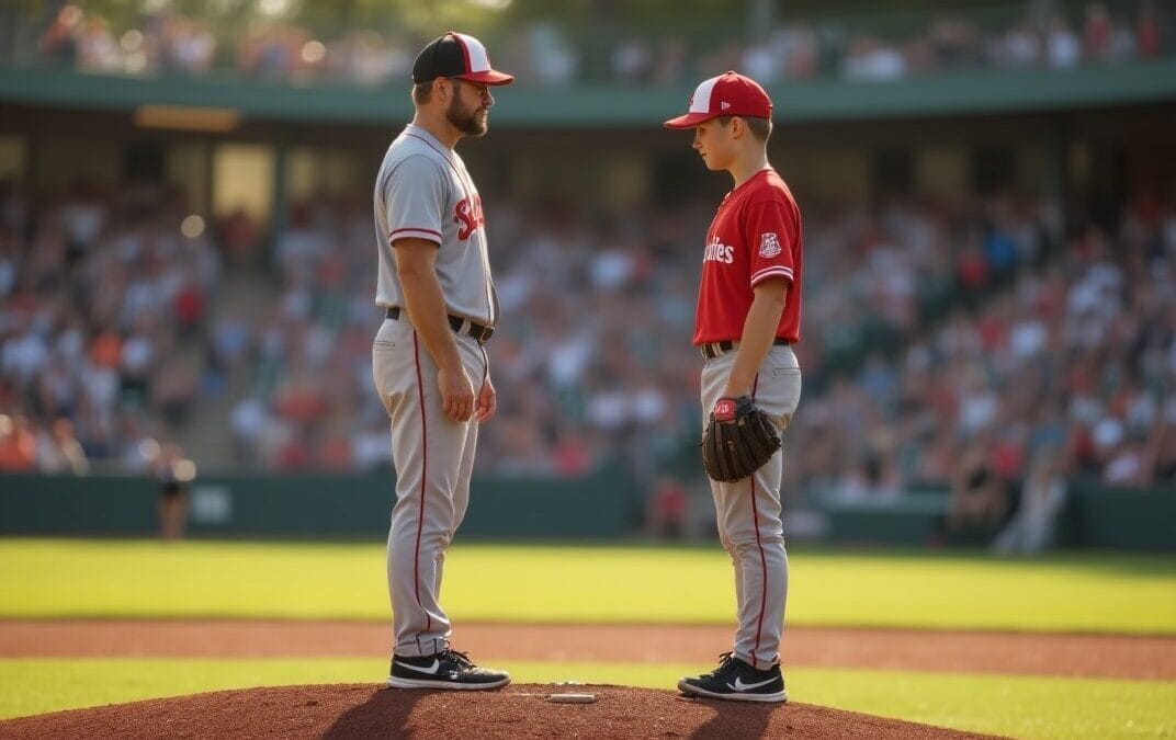 coach and youth baseball pitcher having mound meeting during a game